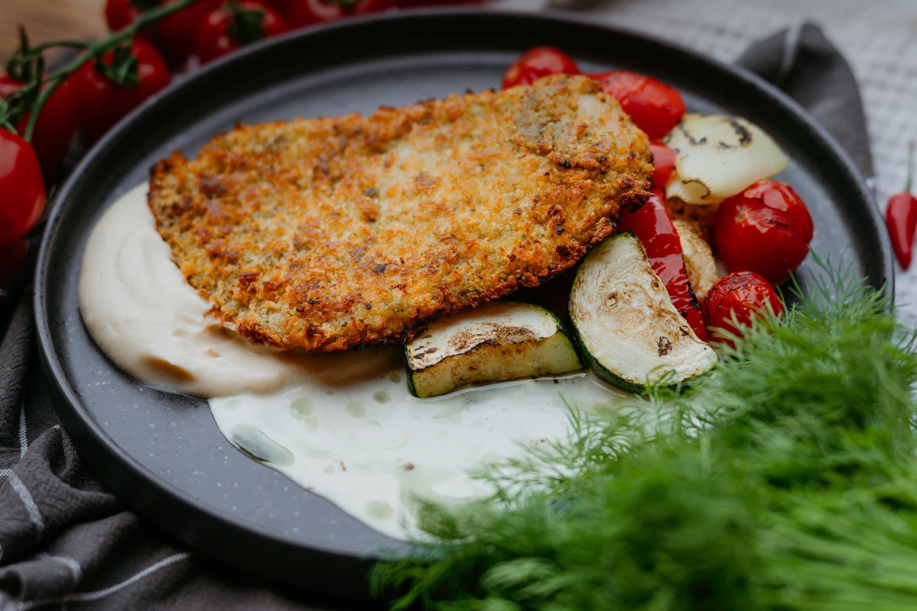 Kanašnitsel juursellerikreemi ja grillitud aedviljadega